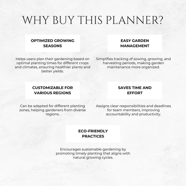 May include: A white and gray graphic with the text "Why Buy This Planner?" and a list of benefits for using a garden planner. The benefits include: Optimized Growing Seasons, Easy Garden Management, Customizable for Various Regions, Saves Time and Effort, and Eco-Friendly Practices.