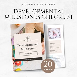 May include: A printable checklist for developmental milestones for babies and toddlers. The checklist is 20 pages long and features a brain icon and the text "Developmental Milestones Checklist".
