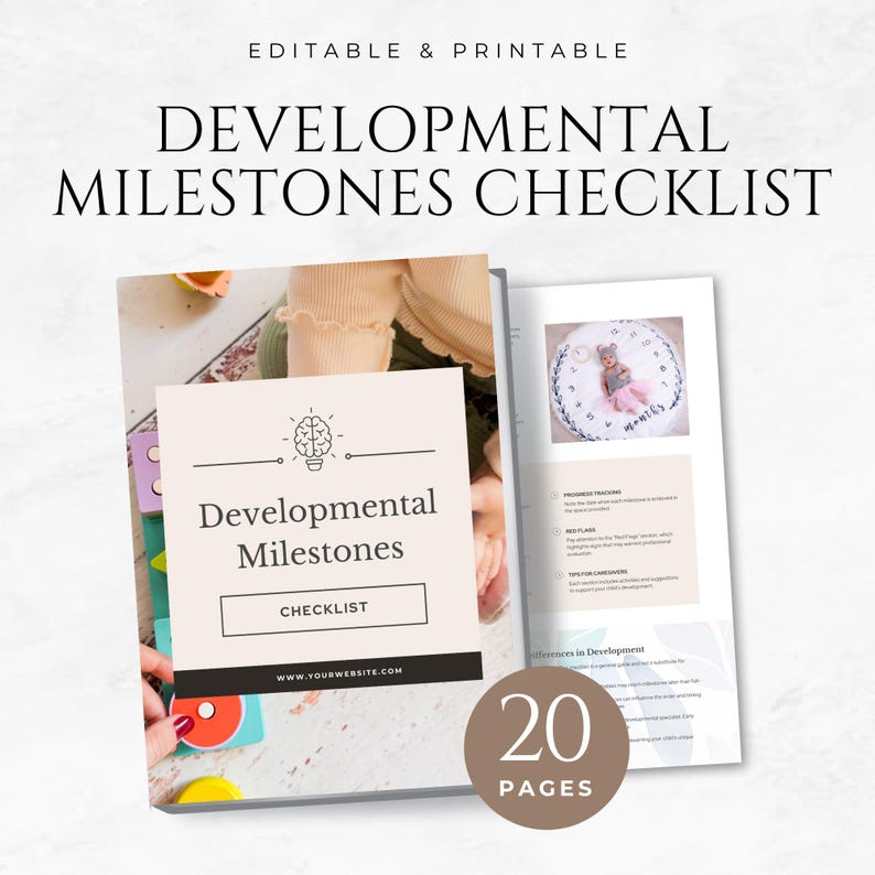 May include: A printable checklist for developmental milestones for babies and toddlers. The checklist is 20 pages long and features a brain icon and the text "Developmental Milestones Checklist".