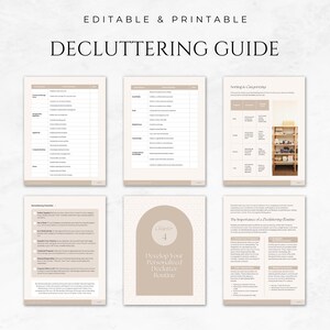 May include: A printable decluttering guide with a beige and white color scheme. The guide includes checklists, organizational tips, and a section titled "Develop Your Personalized Declutter Routine."