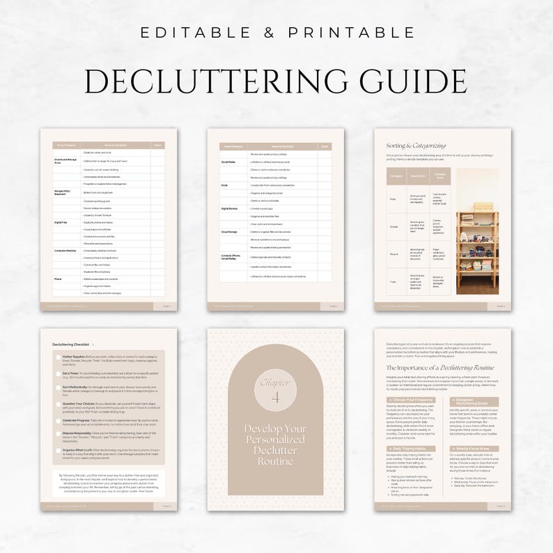 May include: A printable decluttering guide with a beige and white color scheme. The guide includes checklists, organizational tips, and a section titled "Develop Your Personalized Declutter Routine."