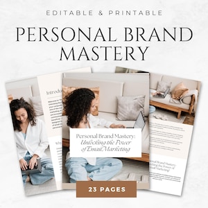 Może przedstawiać: Cyfrowy przewodnik marketingowy zatytułowany "Personal Brand Mastery: Unlocking the Power of Email Marketing". Okładka przedstawia kobietę pracującą na laptopie. Przewodnik ma 23 strony i jest edytowalny i drukowalny.