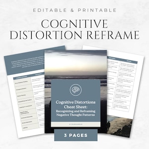 May include: A printable worksheet titled "Cognitive Distortion Reframe" with a blue and white ocean scene in the background. The worksheet is divided into three columns: "Cognitive Distortion", "Description", and "Reframe". The worksheet lists common cognitive distortions and provides descriptions and reframing techniques for each.