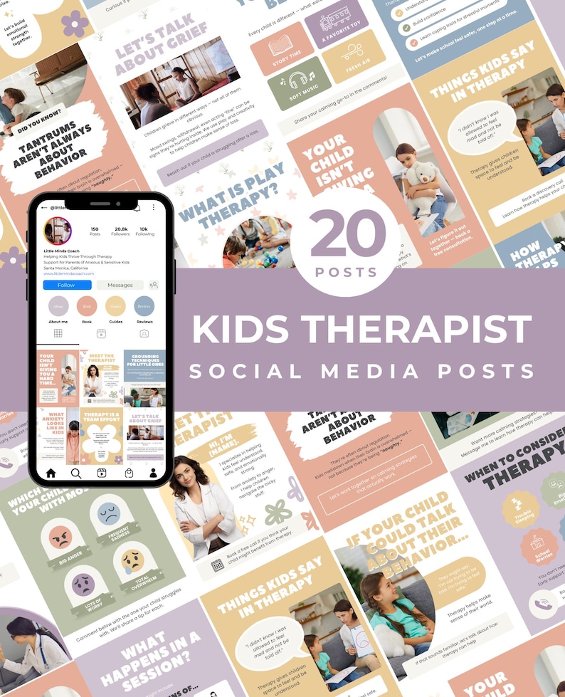 Kids Therapists Social Media Posts Child Therapy Canva Templates for Child Counselors, Play Therapists, Pediatric Therapy Instagram Content image 1