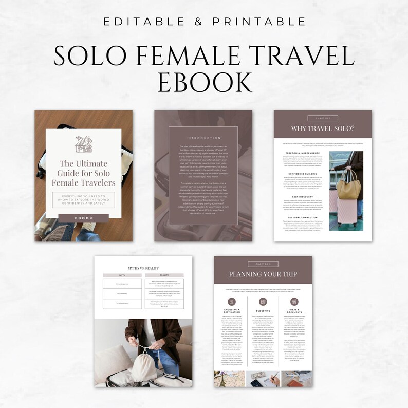 May include: An ebook titled "SOLO FEMALE TRAVEL EBOOK" with the text "The Ultimate Guide for Solo Female Travelers." The cover features a travel-themed illustration. Additional pages detail travel planning and solo travel advice.