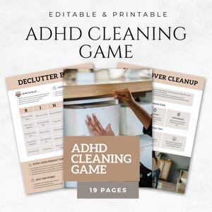 Op de afbeelding: Een bewerkbaar en afdrukbaar ADHD Cleaning Game met een beige en wit kleurenschema. De afbeelding bevat spelpagina's met instructies, een opruim bingo kaart en een persoon die een lade opent. De tekst luidt "ADHD Cleaning Game" en "19 Pages."