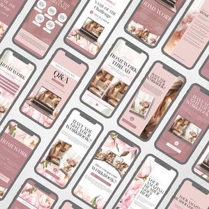 Peut inclure: Une collection d'&eacute;crans de t&eacute;l&eacute;phone avec des fonds floraux roses et du texte qui dit "Homework Thread", "Avez-vous votre cahier d'exercices ?" et "Nom du d&eacute;fi : Q&A".