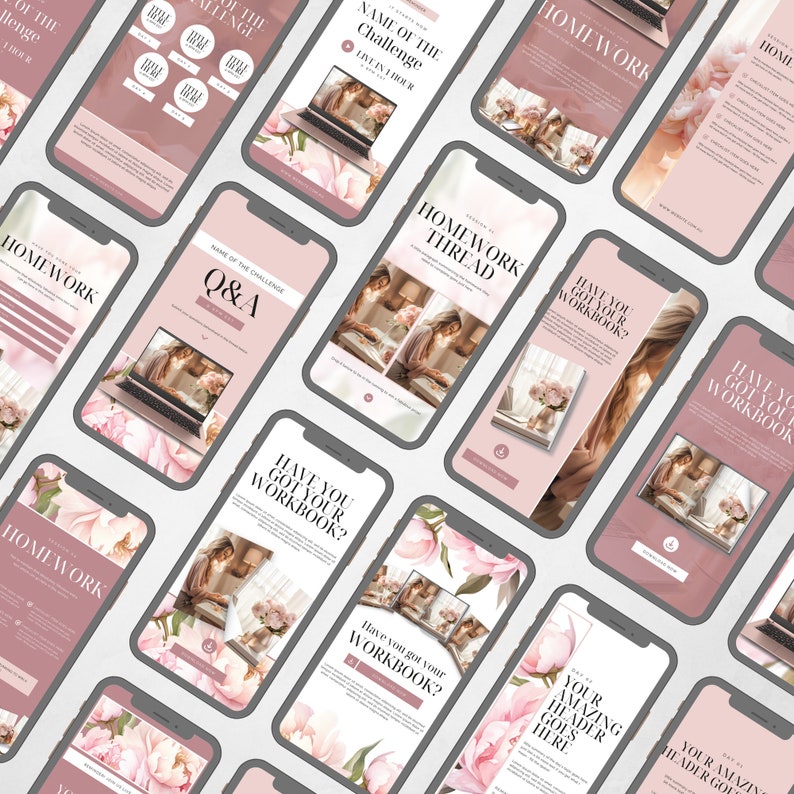 Peut inclure: Une collection d'&eacute;crans de t&eacute;l&eacute;phone avec des fonds floraux roses et du texte qui dit "Homework Thread", "Avez-vous votre cahier d'exercices ?" et "Nom du d&eacute;fi : Q&A".