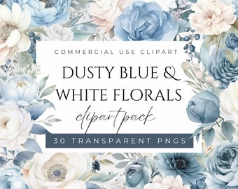 Blue and White Florals Clipart Flowers Clipart Austin Roses Clipart Peonies Clipart Daisies Clipart Foliage Clipart Wedding Florals Clipart