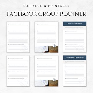 Op de afbeelding: Een printbare Facebook-groepsplanner met secties voor relatieopbouw en analyse en optimalisatie. De planner bevat een lijst met vragen om je te helpen bij het plannen en beheren van je Facebook-groep.