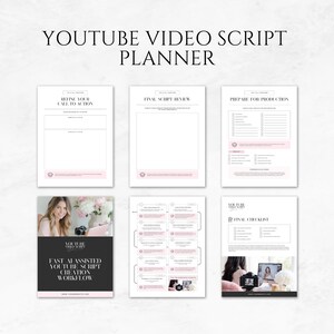 May include: A YouTube Video Script Planner with six pages. The top of the image reads "YOUTUBE VIDEO SCRIPT PLANNER". The pages include "Refine Your Call to Action", "Final Script Review", "Prepare for Production", "Fast AI Assisted YouTube Script Creation Workflow", and "Final Checklist".