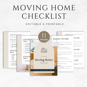 May include: A printable moving checklist with 11 pages. The checklist is divided into sections for 8 weeks, 6 weeks, and 4 weeks before the move. The checklist includes sections for decluttering, packing supplies, and moving day essentials. The checklist is titled "The Complete Moving Home Checklist".