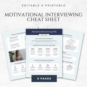 May include: A printable motivational interviewing cheat sheet with the title "Motivational Interviewing (MI)" and the text "What is Motivational Interviewing?" and "Core Principles of Motivational Interviewing".