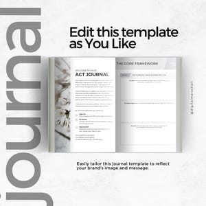May include: An open journal with the text "WELCOME TO YOUR ACT JOURNAL" and "THE CORE FRAMEWORK" on the pages. The cover features a floral design. The text "Edit this template as You Like" is at the top.