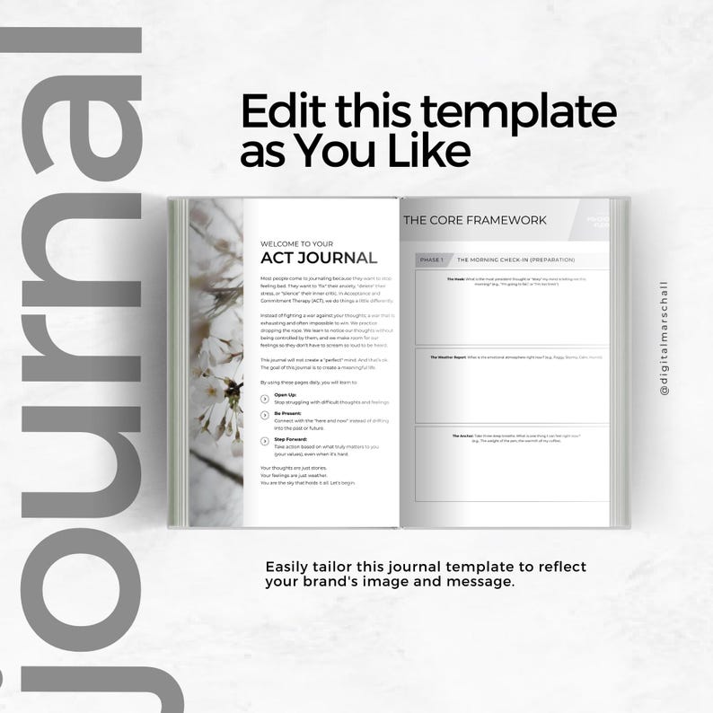 May include: An open journal with the text "WELCOME TO YOUR ACT JOURNAL" and "THE CORE FRAMEWORK" on the pages. The cover features a floral design. The text "Edit this template as You Like" is at the top.