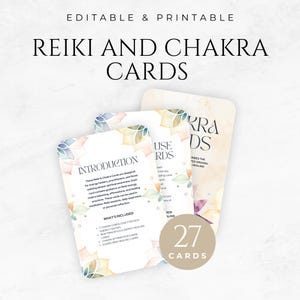 May include: A set of 27 printable Reiki and Chakra cards with watercolor floral designs. The cards include affirmations, energy healing, and guided meditations.
