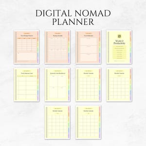 Puede incluir: Un planificador de n&oacute;mada digital con p&aacute;ginas para presupuestos de viaje, listas de verificaci&oacute;n de embalaje y calendarios mensuales. Las p&aacute;ginas son de color melocot&oacute;n claro y amarillo con pesta&ntilde;as de arco&iacute;ris y encuadernaci&oacute;n en espiral. El t&iacute;tulo es "DIGITAL NOMAD PLANNER".
