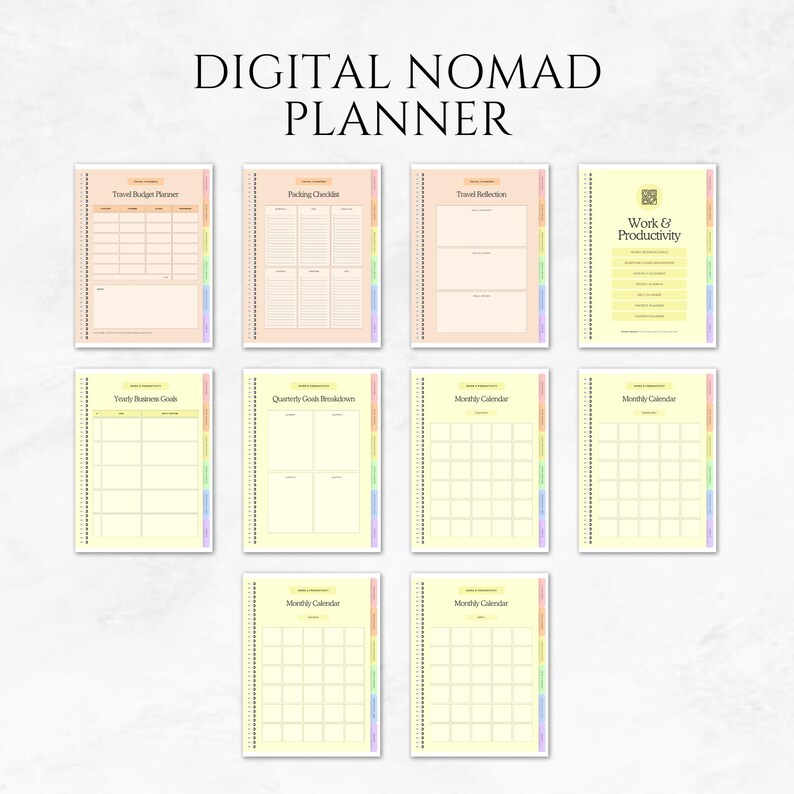 Puede incluir: Un planificador de n&oacute;mada digital con p&aacute;ginas para presupuestos de viaje, listas de verificaci&oacute;n de embalaje y calendarios mensuales. Las p&aacute;ginas son de color melocot&oacute;n claro y amarillo con pesta&ntilde;as de arco&iacute;ris y encuadernaci&oacute;n en espiral. El t&iacute;tulo es "DIGITAL NOMAD PLANNER".
