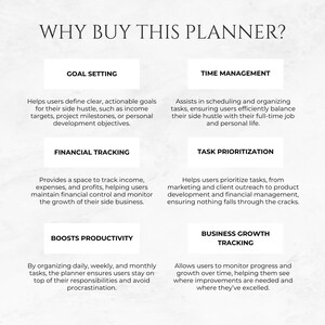 May include: A white and gray graphic with the text "WHY BUY THIS PLANNER?" in black. The graphic lists the benefits of using a planner, including goal setting, time management, financial tracking, task prioritization, boosting productivity, and business growth tracking.