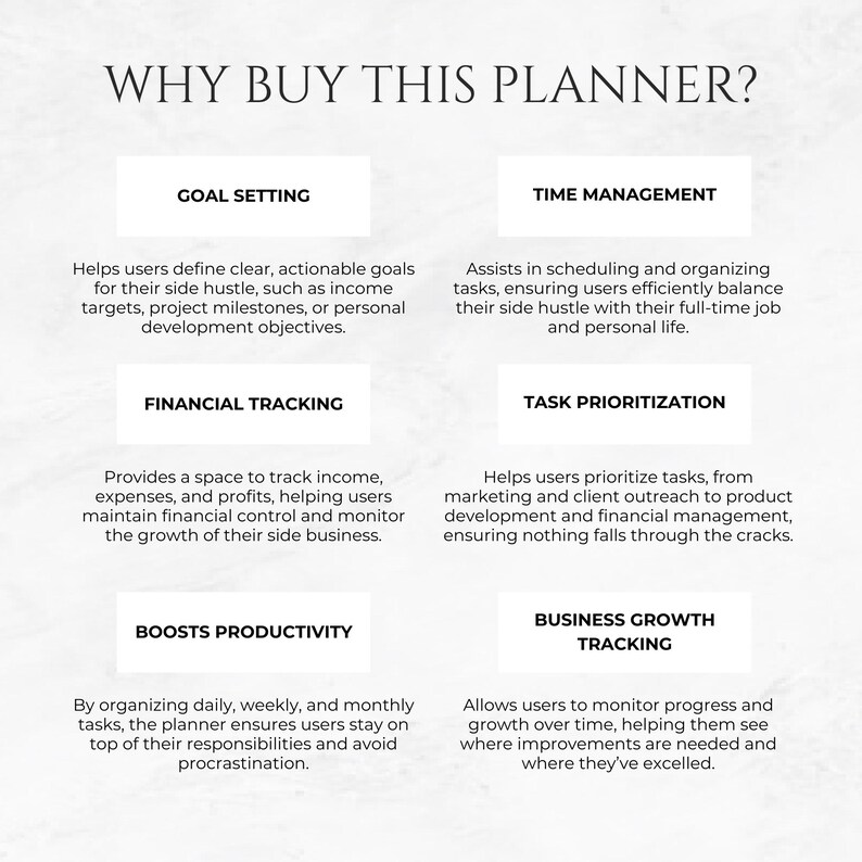 May include: A white and gray graphic with the text "WHY BUY THIS PLANNER?" in black. The graphic lists the benefits of using a planner, including goal setting, time management, financial tracking, task prioritization, boosting productivity, and business growth tracking.