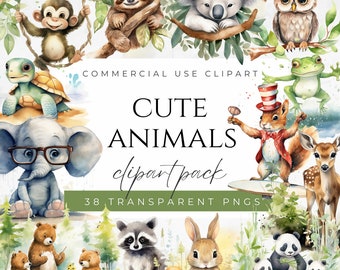 Cute Animals Watercolor Clipart Safari Animals PNG Woodland Creatures Clipart Jungle Animals Clipart Sea Animals Clipart Cute Bears Clipart