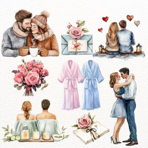 May include: Watercolour illustration of romantic couples, flowers, and gifts. A couple in winter clothes are holding a mug of hot beverage. Another couple are embracing. A bouquet of pink roses. A gift box with a ribbon. Two bathrobes, one pink and one blue. A couple are kissing. A gift box with a ribbon and a flower.