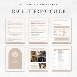 May include: An editable and printable decluttering guide with a beige and white color scheme. The guide includes pages with text, checklists, and images of organized closets. The cover page reads "Decluttering Guide".