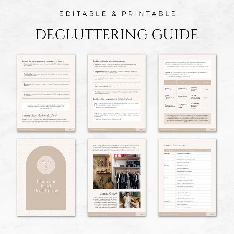 May include: An editable and printable decluttering guide with a beige and white color scheme. The guide includes pages with text, checklists, and images of organized closets. The cover page reads "Decluttering Guide".