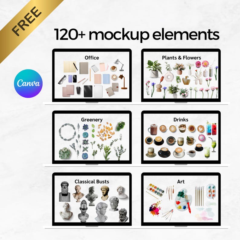 May include: A graphic showcasing digital mockup elements. The image displays six laptop screens, each featuring different themes: office supplies, plants and flowers, greenery, drinks, classical busts, and art supplies. The word "FREE" is in the upper left corner.