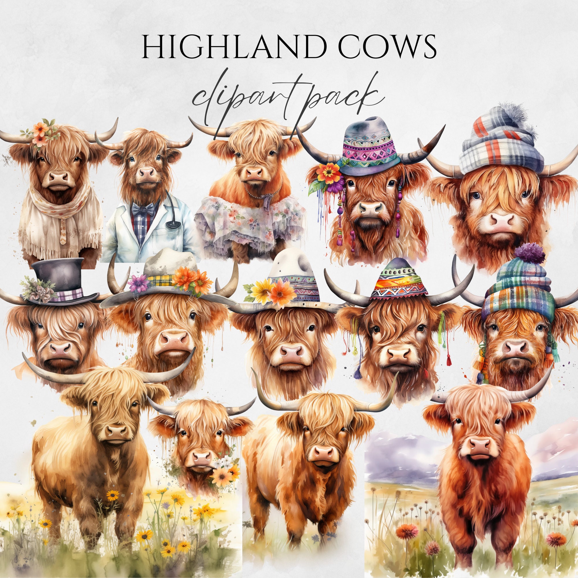 Highland Cows Clipart Watercolor Highland Cows Clip Art Highland Cows ...