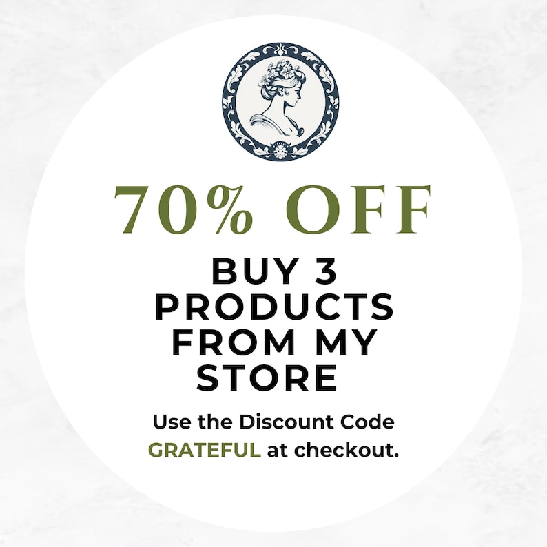 May include: A white circle with a blue and green design. The text "70% OFF" is in green. The text "BUY 3 PRODUCTS FROM MY STORE" is in black. The text "Use the Discount Code GRATEFUL at checkout." is in green.