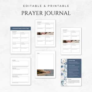 May include: Printable prayer journal with a blue and white floral design on the cover. The journal includes pages for answered prayers, daily prayer, and a closing page.