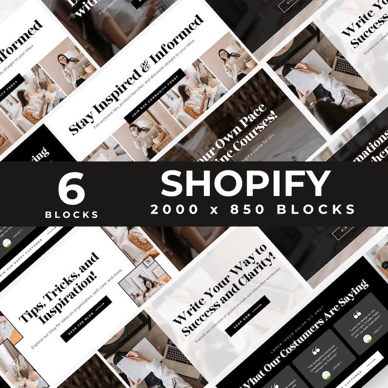 May include: A collage of six Shopify website blocks featuring a variety of design elements, including text, images, and calls to action. The blocks are designed to help businesses create engaging and informative online stores.