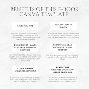 Peut inclure: Graphique num&eacute;rique pr&eacute;sentant les avantages d'un mod&egrave;le Canva pour e-book. Le texte met en &eacute;vidence des fonctionnalit&eacute;s telles que la conception rapide, l'&eacute;dition Canva et l'ad&eacute;quation pour les coachs de sant&eacute;. Il mentionne &eacute;galement les aimants &agrave; prospects et les cours de bien-&ecirc;tre.