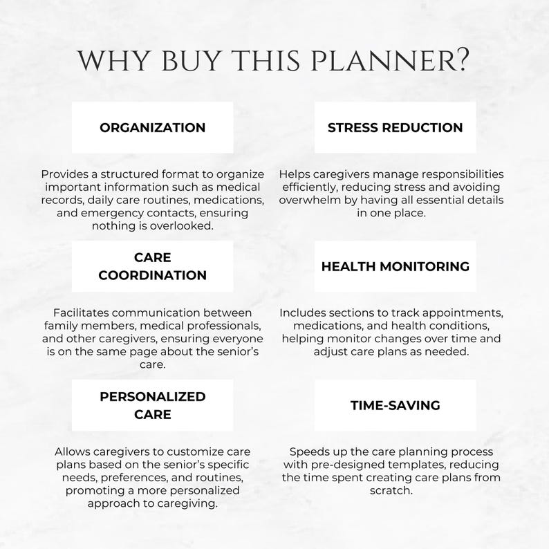 May include: A graphic with the text "Why Buy This Planner?" and a list of benefits for using a planner for senior care. The benefits include organization, stress reduction, care coordination, health monitoring, personalized care, and time-saving.