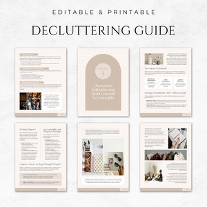 May include: A printable decluttering guide with the title "DECLUTTERING GUIDE" at the top. The guide includes several pages with text and images, including a chapter titled "Overcome Setbacks and Hold Yourself Accountable."
