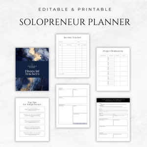 Op de afbeelding: Een printbare solopreneur-planner met een blauw en gouden marmerontwerp. De planner bevat secties voor het bijhouden van inkomsten, brainstormen over projecten en financi&euml;le trackers. Hij bevat ook een pagina met toptips voor solopreneurs.