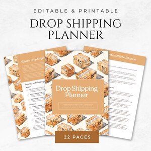 May include: A printable drop shipping planner with 22 pages. The cover features a watercolor illustration of brown cardboard boxes on a white background. The title "Drop Shipping Planner" is in a bold, black font.