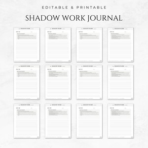 Pode incluir: Um di&aacute;rio de trabalho de sombra imprim&iacute;vel com 12 p&aacute;ginas para reflex&atilde;o di&aacute;ria. Cada p&aacute;gina tem o cabe&ccedil;alho "Shadow Work" e uma se&ccedil;&atilde;o para "Gatilhos emocionais".