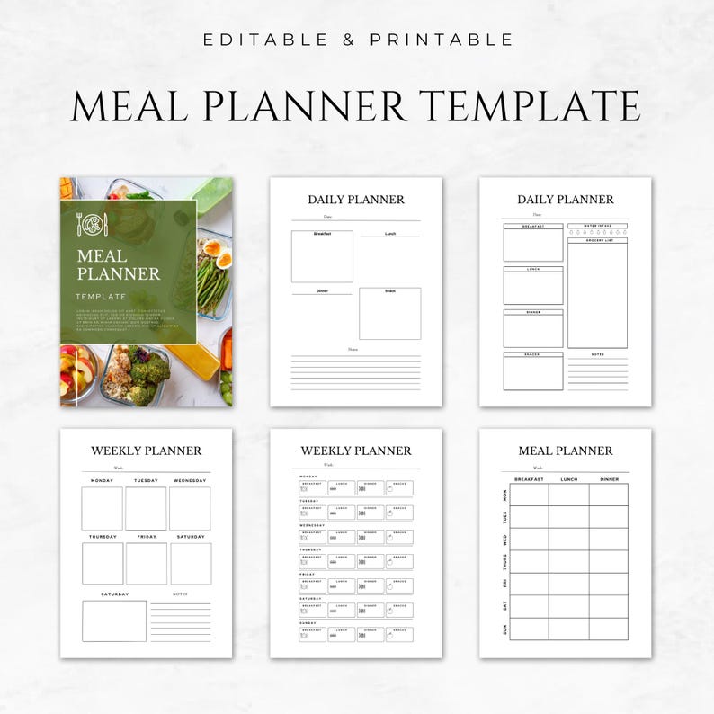 May include: Printable meal planner template with a green and white cover featuring a bowl of fruit and vegetables. The template includes daily, weekly, and meal planner pages.