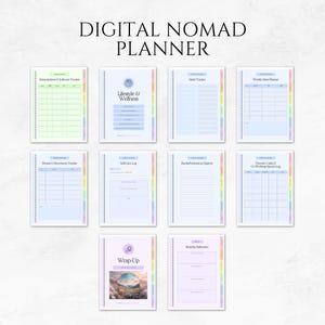 Puede incluir: Un planificador de n&oacute;mada digital con secciones para suscripciones, h&aacute;bitos y planificaci&oacute;n semanal de comidas. El planificador tiene encuadernaci&oacute;n en espiral y pesta&ntilde;as de colores pastel. Dice "DIGITAL NOMAD PLANNER".