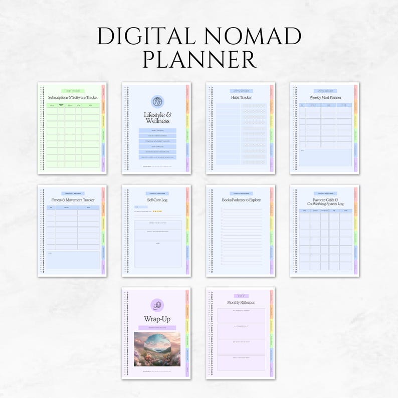 Puede incluir: Un planificador de n&oacute;mada digital con secciones para suscripciones, h&aacute;bitos y planificaci&oacute;n semanal de comidas. El planificador tiene encuadernaci&oacute;n en espiral y pesta&ntilde;as de colores pastel. Dice "DIGITAL NOMAD PLANNER".