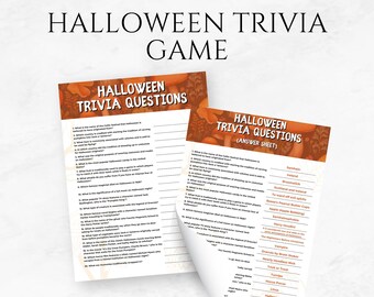 Puede incluir: Juego de preguntas y respuestas de Halloween imprimible con preguntas y respuestas en tarjetas naranjas y blancas con un diseño de hoja de otoño. Las preguntas cubren temas como la historia de Halloween, las tradiciones y los personajes populares.