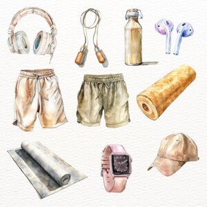 以下が含まれることがあります： フィットネスルーチン用の様々なアイテムを描いた水彩画。ヘッドホン、縄跳び、水筒、イヤホン、ショートパンツ、ヨガマット、腕時計、ベースボールキャップ、タオルが巻かれたものなどがあります。