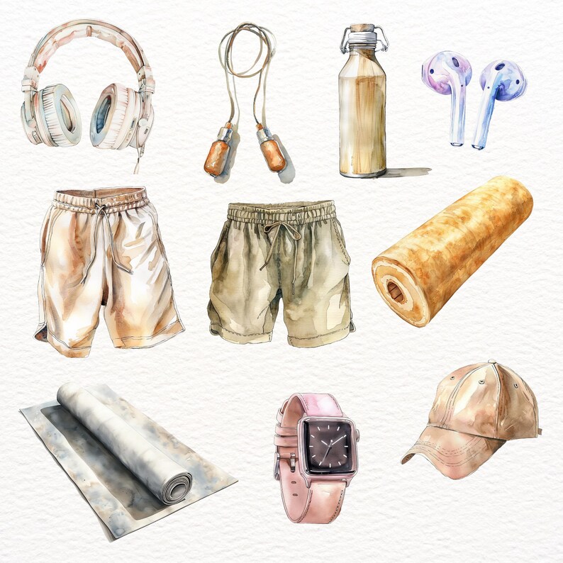 以下が含まれることがあります： フィットネスルーチン用の様々なアイテムを描いた水彩画。ヘッドホン、縄跳び、水筒、イヤホン、ショートパンツ、ヨガマット、腕時計、ベースボールキャップ、タオルが巻かれたものなどがあります。
