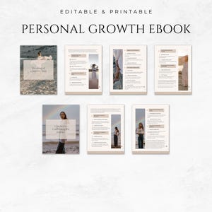 May include: An editable and printable personal growth ebook in a neutral colour scheme. The cover shows a woman on a beach with the text "Breaking of Comfort Zone." Other pages include images of people and text. The ebook's title is "PERSONAL GROWTH EBOOK."