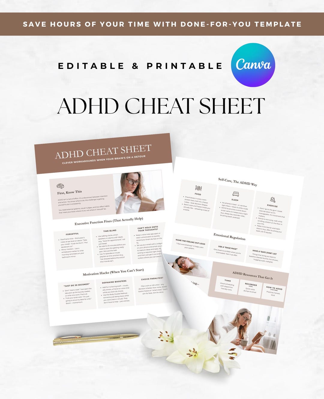 ADHD Cheat Sheet Canva Template Editable ADHD Strategy Guide Printable ...