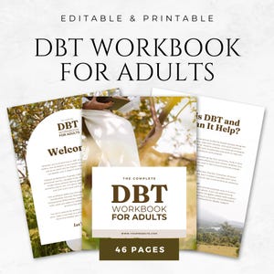 Puede incluir: Un conjunto de cuadernos de trabajo imprimibles de DBT para adultos. La portada del cuaderno de trabajo presenta el texto "DBT WORKBOOK FOR ADULTS". La imagen también incluye el texto "46 PAGES".