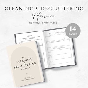Może przedstawiać: Beżowy i biały planer zatytułowany "CLEANING & DECLUTTERING Planner" z tekstem "EDITABLE & PRINTABLE". Planer jest otwarty na stronie z celami porządkowania i ma 14 stron. Na okładce widnieje napis "the CLEANING & DECLUTTERING PLANNER".