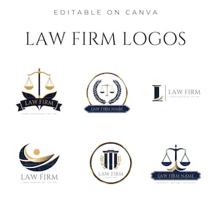 Puede incluir: Un conjunto de 6 diseños de logotipos de bufetes de abogados editables. Los logotipos presentan una balanza de la justicia, una corona de laurel, pilares y la letra L. Los logotipos son en azul y dorado.